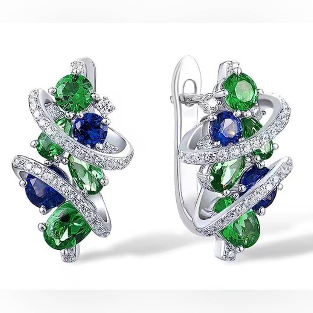 Green Blue Cubic Zirconia Hoop Earrings.